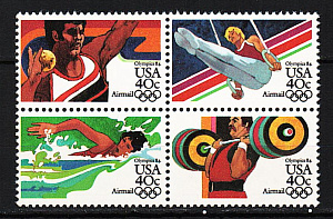 США, 1983, Летняя Олимпиада (I) 1984, Ядро, гимнастика, плавание, штанга, 4 марки квартблок